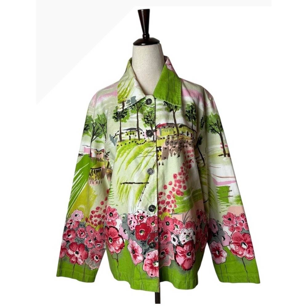 Keren Hart Jacket Women Medium Green Pink Floral Sequins Button Front Trucker